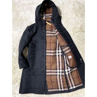 現行品 Lサイズ○BURBERRY ブラック フード付 ロングコート ゴム引き-