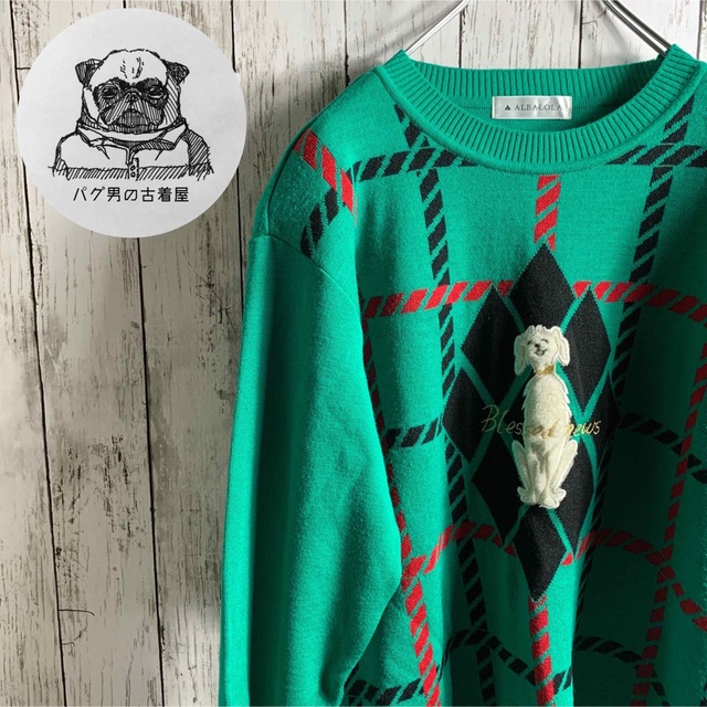 【vintage】 90's レディース セーター チェック 犬刺繍 1点物