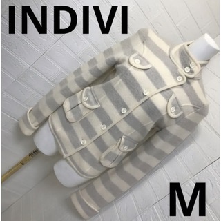 インディヴィ(INDIVI)のINDIVI ニットジャケットボーダーサイズ38立ち襟ぷっくりポッケが可愛い(テーラードジャケット)