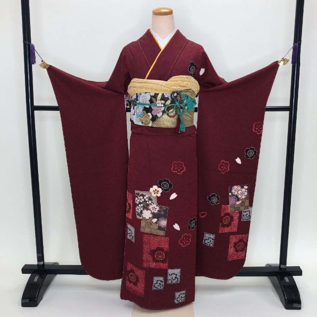 振袖フルセット☆振袖☆成人式☆着物☆裄69cm☆エンジ☆中古 S-102 新