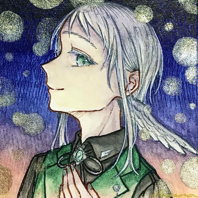 額付き】手描きイラスト オリジナル 創作 ミニ原画 緑 天使 夜