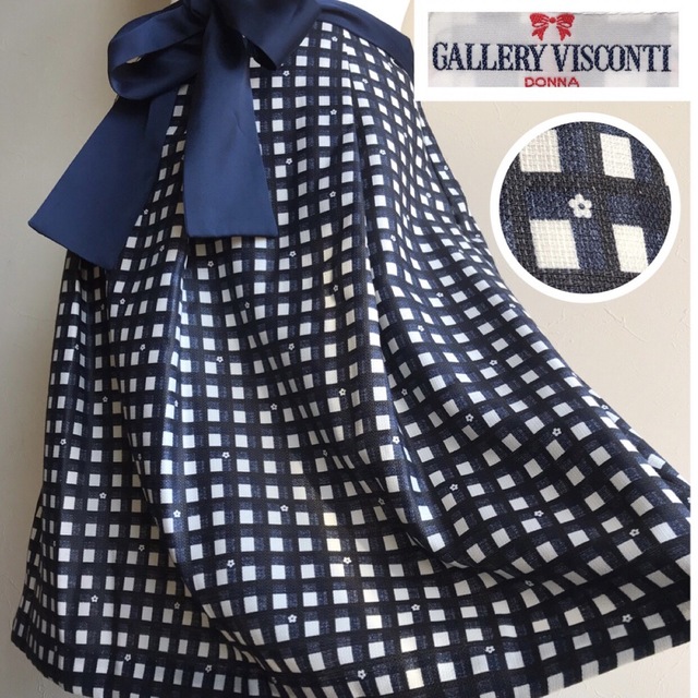 GALLERY VISCONTI(ギャラリービスコンティ)の美品✨ギャラリービスコンティ　リボン付きスカート　チェック×花柄　2 レディースのスカート(ひざ丈スカート)の商品写真