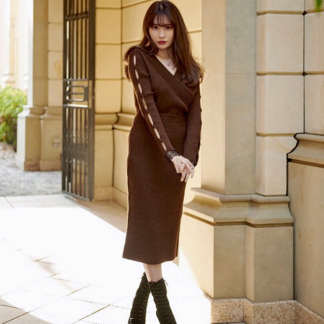 Wrap-Effect Knit Dress /Her lip tobrownサイズ