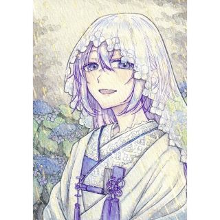 額付き】手描きイラスト オリジナル 創作 紫陽花 梅雨 白無垢 花嫁