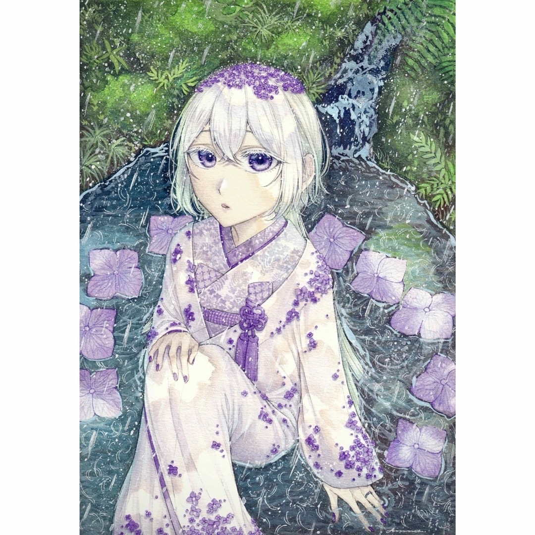 手描きイラスト オリジナル 創作 紫陽花 雨 紫 緑 着物 白無垢 手描きイラスト オリジナル 創作 紫陽花 雨 紫 緑 着物 白無垢