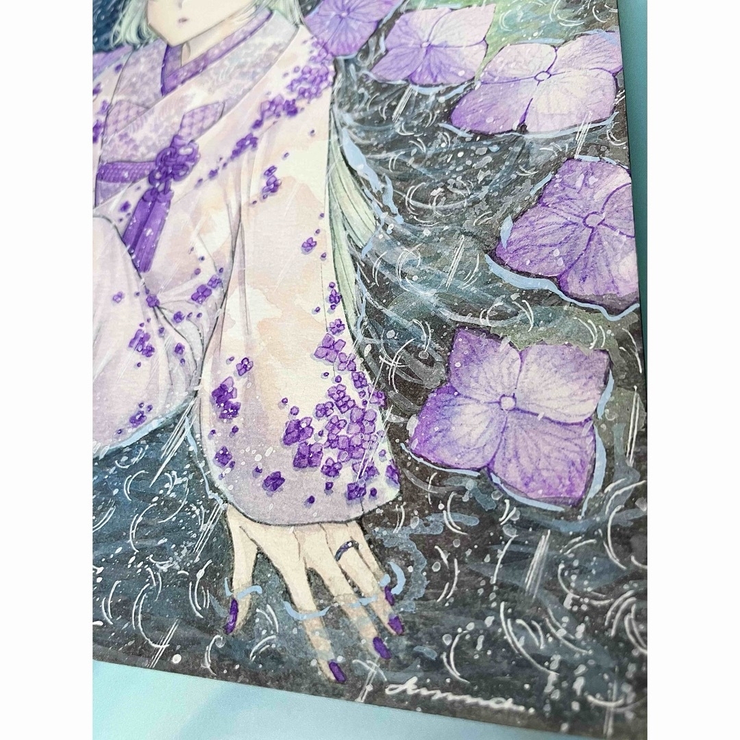 手描きイラスト オリジナル 創作 紫陽花 雨 紫 緑 着物 白無垢 手描きイラスト オリジナル 創作 紫陽花 雨 紫 緑 着物 白無垢