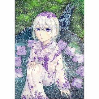 手描きイラスト オリジナル 創作 紫陽花 雨 紫 緑 着物 白無垢 女の子(アート/写真)