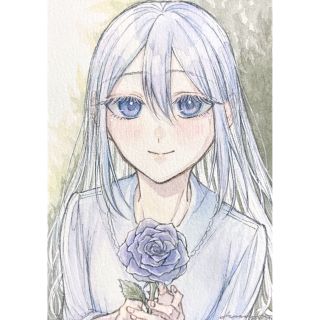 手描きイラスト オリジナル ミニ原画 ATCサイズ 創作 水彩 花 薔薇 紫 青(アート/写真)