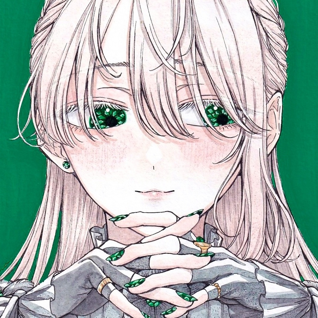 手描きイラスト オリジナル 創作 中色紙 宝石 緑 花 【サイズ交換OK