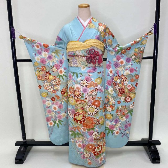 振袖フルセット☆振袖☆成人式☆着物☆裄72.5cm☆水色☆中古 S-94の