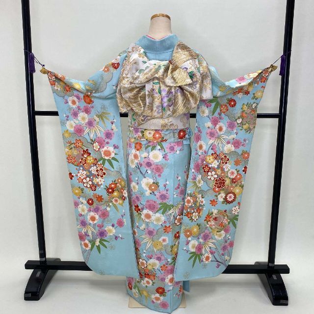 振袖フルセット☆振袖☆成人式☆着物☆裄72.5cm☆水色☆中古 S 振袖フルセット☆振袖☆成人式☆着物☆裄72.5cm☆水色☆中古 S