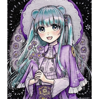 手描きイラスト オリジナル 創作 魔女 花 紫 デイジー くまみみ 女の子