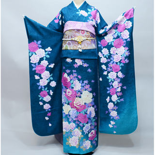 振袖 正絹 着物単品 仕立て上がり 百花繚乱 金刺繍 薔薇 緑地 NO38533(振袖)