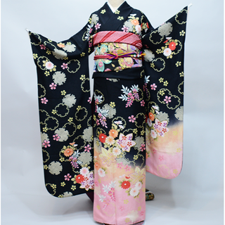 振袖 正絹 着物単品 仕立て上がり 百花繚乱 金駒刺繍 菊 黒地 NO38536(振袖)