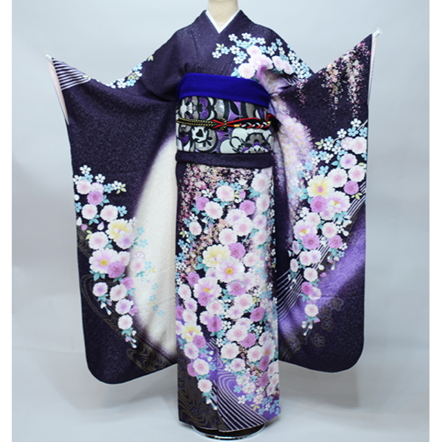 振袖 正絹 着物単品 仕立て上がり ラメ 銀刺繍 桜 黒紫地 NO38539