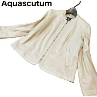 Aquascutum ノーカラー レザーライダースジャケット パンチング加工-