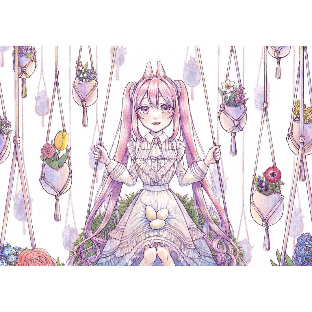 手描きイラスト オリジナル 創作 花 ピンク けもみみ うさみみ 手描きイラスト オリジナル 創作 花 ピンク けもみみ うさみみ