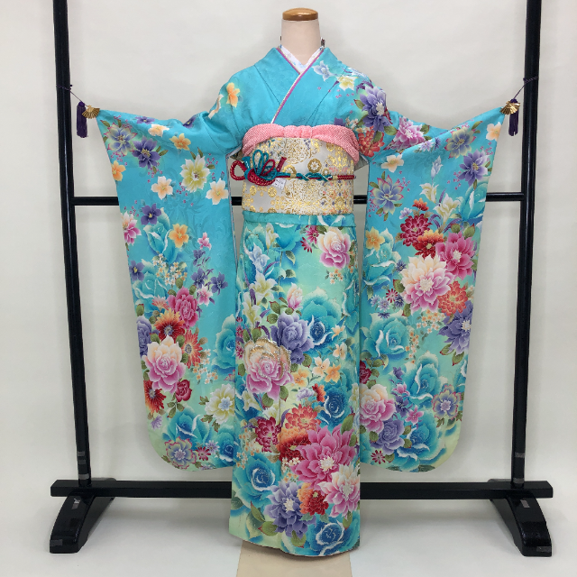 振袖セット★振袖★成人式★着物★裄65.5cm★水色★中古　S-118