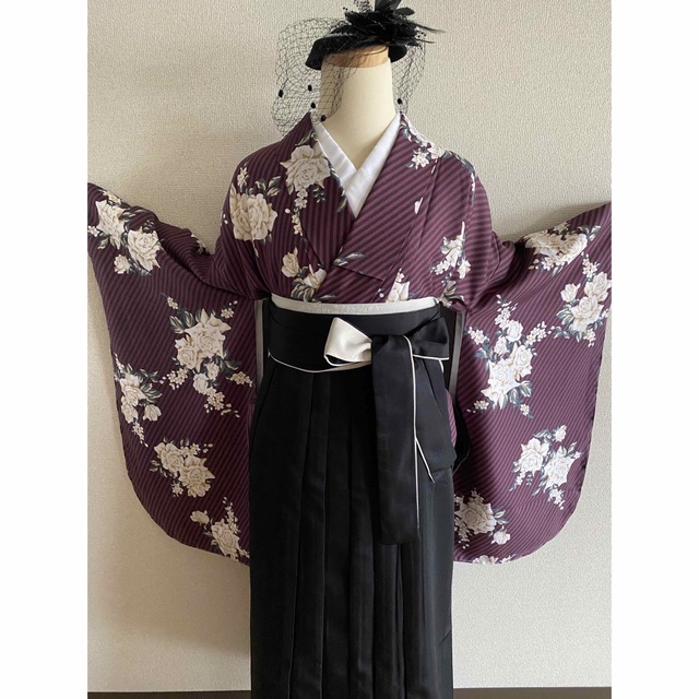 卒業式　袴3点セット（リボン付き）⭐︎二尺袖着物、袴、長襦袢　レトロモダン