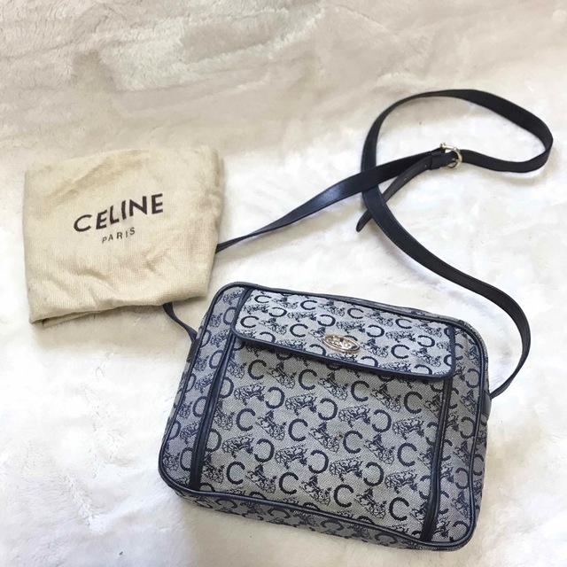 オールドセリーヌ CELINE ショルダーバッグ  Cマカダム 馬車金具 ネイビ