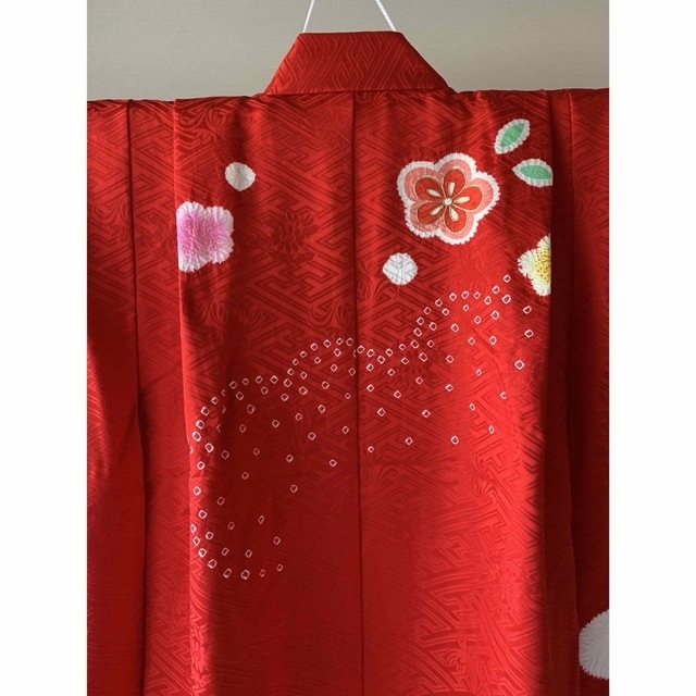 七五三に☆正絹赤色に手描き友禅 鞠と松、桜 四つ身の着物セット