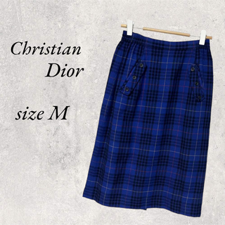 クリスチャンディオール(Christian Dior)のChristian Dior 毛100%ブルーチェック膝丈スカート　size M(ひざ丈スカート)