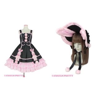 アンジェリックプリティー(Angelic Pretty)のAngelicPretty なかよしバニー JSK BN クロ×ピンク(ひざ丈ワンピース)