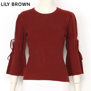 リリーブラウン(Lily Brown)のLily Brown リリーブラウン　ストリングリブニットトップス　赤　リボン(ニット/セーター)