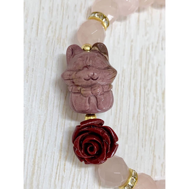 アラシャン瑪瑙】キツネ&薔薇 天然石ブレスレット ローズクォーツ