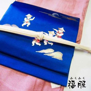 1100円 【中古】 作り帯 化繊 濃紺地に童模様 お太鼓柄九寸名古屋作り帯 nb リサイクル着物 和装 レディース(帯)