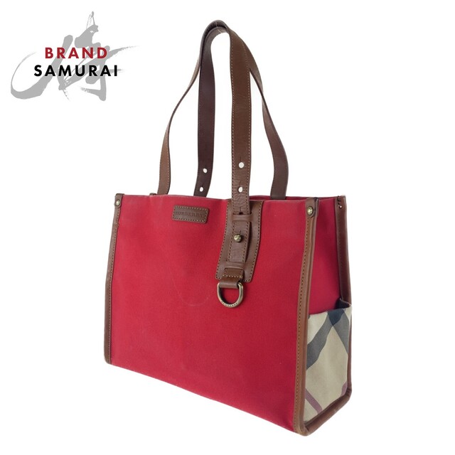 BURBERRY バーバリー レッド ベージュ キャンバス /レザー トート