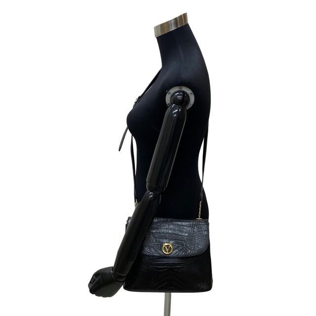 極 美品 保存袋付 VALENTINO ヴァレンティノ ヴィンテージ ガラヴァーニ ロゴ 金具 レザー ショルダーバッグ ブラック 28103
