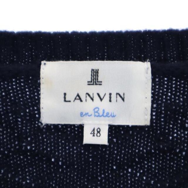 ランバン 80s モヘア混 ヴィンテージ イタリア製 ウールブレンド 総柄 ニット 46 紺×茶 LANVIN Studio Vネック 長袖 セーター メンズ   【221013】