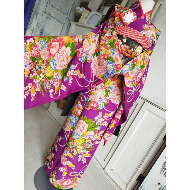 アンティーク紫百花繚乱着物にだらり帯☆ キッズ/ベビー/マタニティのキッズ服女の子用(90cm~)(和服/着物)の商品写真