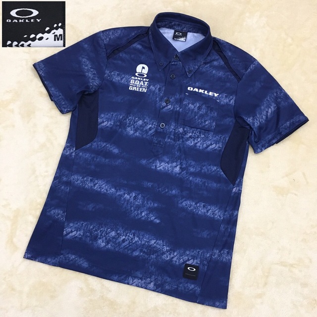 オークリー ゴルフウェア スポーツ ポロシャツ 半袖総柄 メンズ サイズM 紺色