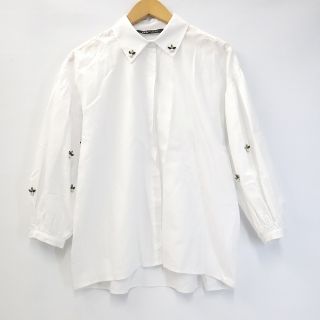 ザラ(ZARA)のザラ ZARA ビジュー 比翼ボタン シャツ L ホワイト(シャツ/ブラウス(長袖/七分))