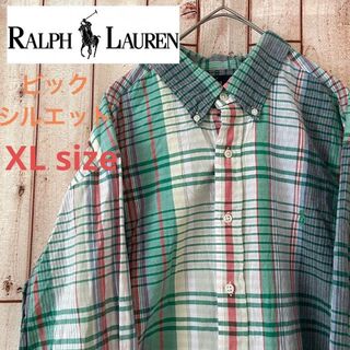 ラルフローレン(Ralph Lauren)の【XL】ラルフローレン　長袖シャツ　チェック　ロゴ刺繍　緑(シャツ)