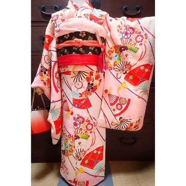 ☆sold out☆ 7歳 レトロ正絹白ピンク花扇 七五三 お着物フルセット