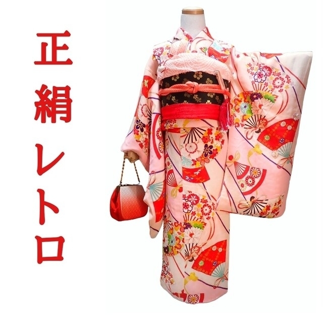 ☆sold out☆ 7歳 レトロ正絹白ピンク花扇 七五三 お着物フルセット