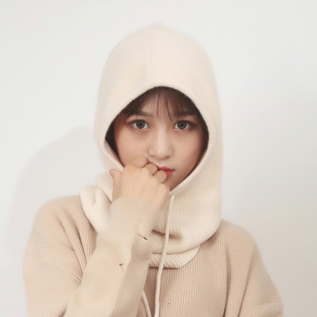バラクラバ ニット帽 防寒 ネックウォーマー スヌード フード 韓国 アイボリー レディースのファッション小物(ネックウォーマー)の商品写真