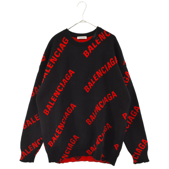 Balenciaga - BALENCIAGA バレンシアガ 20AW Jacquard Logo Oversized Sweater 625329 T3178 ジャカードロゴ総柄オーバーサイズニットセーター ブラック/レッド