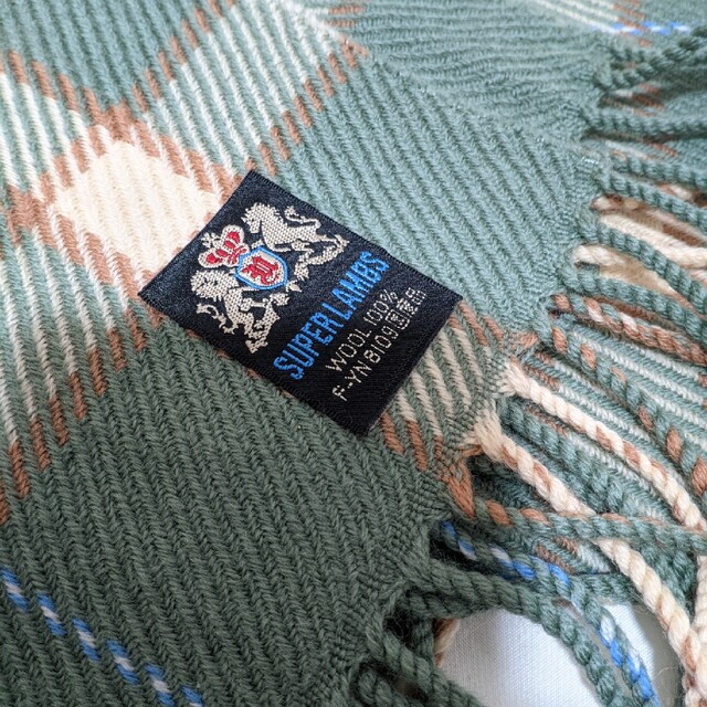 SUPERLAMBS マフラー グリーン ウール 毛 ストール 国産品 チェック レディースのファッション小物(ストール/パシュミナ)の商品写真