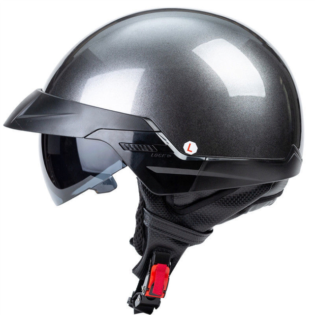 半キャップハーフヘルメットレトロ レンズ内蔵　グレーバイクヘルメットDOT認定