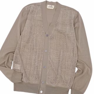 美品 エルメス HERMES カーディガン ニット スウェードレザー 切り替え ウール トップス メンズ イタリア製 XS グレージュ