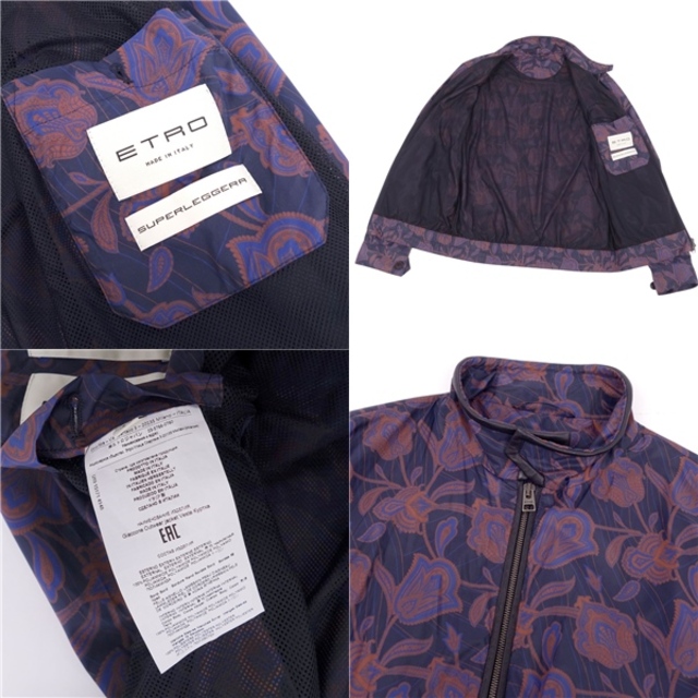 極美品 エトロ ETRO ジャケット SUPERLEGGERA ブルゾン ジップアップ 総柄 ナイロン アウター メンズ イタリア製 M ネイビー/ブラウン