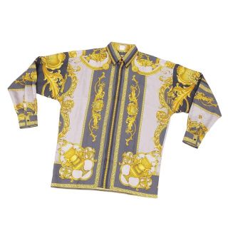 美品 Vintage ジャンニヴェルサーチ GIANNI VERSACE シャツ ロングスリーブ 総柄 シルク100％ トップス メンズ イタリア製 46(M相当) ゴールド/グレー