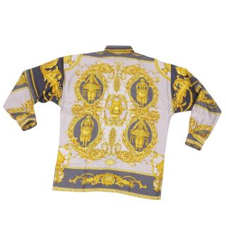 美品 Vintage ジャンニヴェルサーチ GIANNI VERSACE シャツ ロングスリーブ 総柄 シルク100％ トップス メンズ イタリア製 46(M相当) ゴールド/グレー