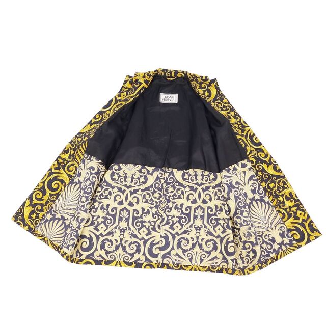 美品 Vintage ジャンニヴェルサーチ GIANNI VERSACE コート ベルト付き ロングコート 総柄 シルク100% アウター レディース イタリア製 44(XL相当) ゴールド/ブラック