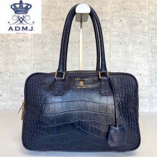 エーディーエムジェイ(A.D.M.J.)の【極美品】A.D.M.J クロコ型 ネイビー ゴールド金具 レザーボストンバッグ(ハンドバッグ)