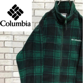 コロンビア(Columbia)の希少 コロンビア ワンポイント刺繍ロゴ グリーン ブロックチェックジップフリース(スウェット)